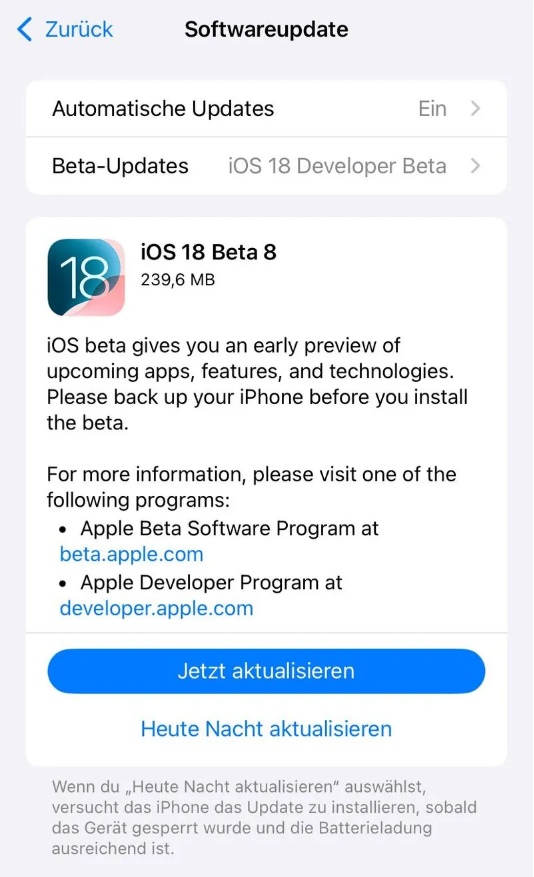 桦川苹果手机维修分享苹果 iOS / iPadOS 18 开发者预览版 Beta 8 发布 